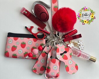 Safety keychain-defense-wristlet-personalized-accessories-coin purse-led light alarm-lip gloss-card grabber-etc-pink-peach-red strawberries