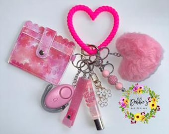 Pink Silicone Heart-Safety Keychain Set, Beaded Wristlet, Wallet, LED Alarm, Lip Gloss and more