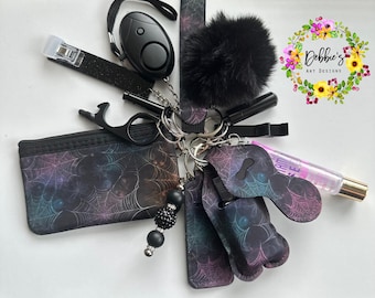 Safety keychain-defense-wristlet-personalized-accessories-coin purse-led light alarm-lip gloss-card grabber-etc-spooky season-webs-black