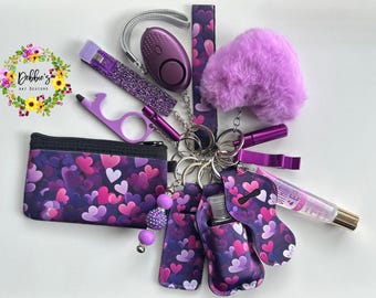 Safety keychain-defense-wristlet-personalized-accessories-coin purse-led light alarm-lip gloss-card grabber-etc-purple w/ hearts