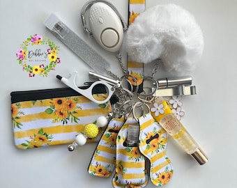 Safety keychain-defense-wristlet-personalized-accessories-coin purse-led light alarm-lip gloss-card grabber-etc-sunflowers yellow stripes