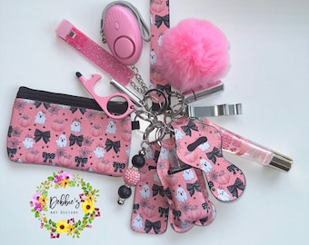 Safety keychain-defense-wristlet-personalized-accessories-coin purse-led light alarm-lip gloss-card grabber-etc-ghosts-spooky season-pink