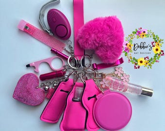 Hot Pink Safety Defense Keychain Set-Wristlet-Heart Pom-Mirror-Bling Heart-Alarm-Light-Lip Gloss-Card Grabber-Whistle-NoTouch Tool-And More