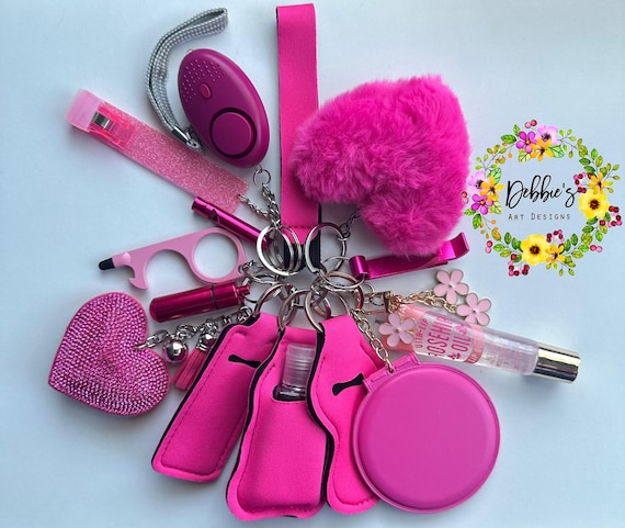 Hot Pink Safety Defense Keychain Set-Wristlet-Heart Pom-Mirror-Bling Heart-Alarm-Light-Lip Gloss-Card Grabber-Whistle-NoTouch Tool-And More