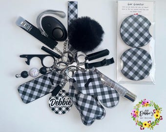 Safety keychain-defense-wristlet-personalized-accessories-led light alarm-lip gloss-card grabber-etc-plaid-holiday season-black-white