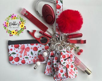 Safety keychain-defense-wristlet-personalized-accessories-coin purse-led light alarm-lip gloss-card grabber-etc-cherries pink coquette