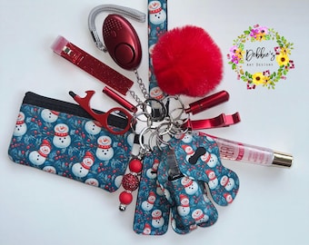 Safety keychain-defense-wristlet-personalized-accessories-coin purse-led light alarm-lip gloss-card grabber-etc-snowman-holiday season