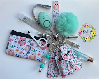 Safety keychain-defense-wristlet-personalized-accessories-coin purse-led light alarm-lip gloss-card grabber-etc-owl print design