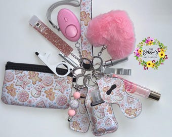Safety keychain-defense-wristlet-personalized-accessories-coin purse-led light alarm-lip gloss-card grabber-etc-snowman-gingerbread-holiday