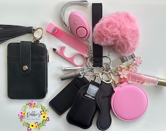 Safety keychains, defense, wristlet, accessories, wallet, heart Pom Pom, led light alarm, lip gloss, card grabber, mirror, etc, black pink
