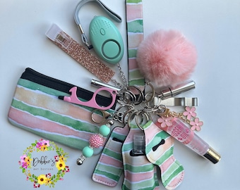 Safety keychain-defense-wristlet-personalized-accessories-coin purse-led light alarm-lip gloss-card grabber-etc-pink peach green