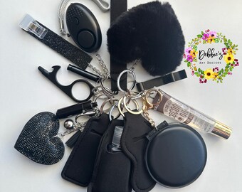 Black Safety Defense Keychain Set-Wristlet-Heart Pom-Mirror-Bling Heart-Alarm-Light-Lip Gloss-Card Grabber-Whistle-No Touch Tool-And More
