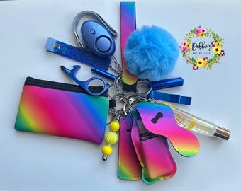 Safety keychain-defense-personalized-accessories-coin purse-led light alarm-lip gloss-etc-rainbow print