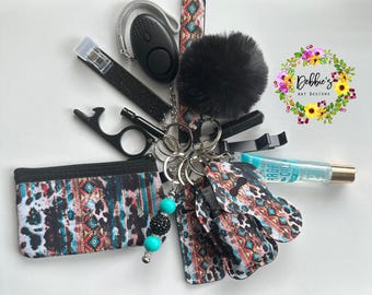 Safety keychain-defense-wristlet-personalized-accessories-coin purse-led light alarm-lip gloss-card grabber-etc-western cow print