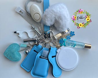 Blue White Safety Defense Keychain Set-Wristlet-Heart Pom-Mirror-Bling Heart-Alarm-Light-Lip Gloss-Card Grabber-Whistle-No Touch Tool & More