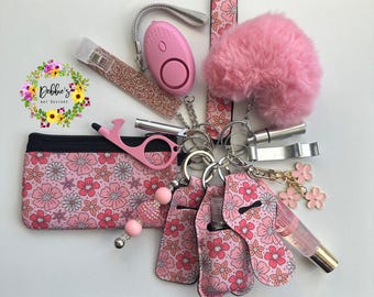 Safety keychain-defense-wristlet-personalized-accessories-coin purse-led light alarm-lip gloss-card grabber-etc-pink retro floral
