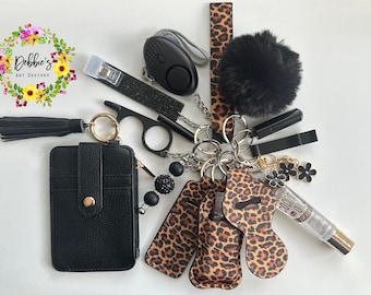Safety keychain-defense-wristlet-personalized-accessories-wallet-led light alarm-lip gloss-card grabber-no touch tool-etc-black leopard