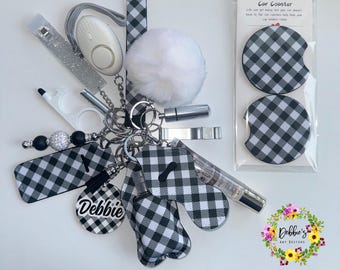 Safety keychain-defense-wristlet-personalized-accessories-led light alarm-lip gloss-card grabber-etc-plaid-holiday season-black-white-silver
