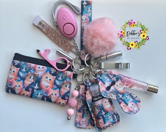 Safety keychain-defense-wristlet-personalized-accessories-coin purse-led light alarm-lip gloss-card grabber-etc-kitten cat print-pink-blue