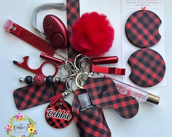 Safety keychain-defense-wristlet-personalized-accessories-led light alarm-lip gloss-card grabber-etc-plaid-holiday season-black-red