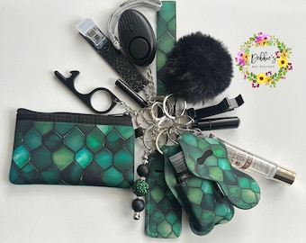 Safety keychain-defense-wristlet-personalized-accessories-bling-coin purse-led alarm-light-whistle-card grabber-lip gloss-etc-green black