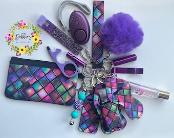 Safety keychain-defense-wristlet-personalized-accessories-coin purse-led light alarm-lip gloss-card grabber-etc-purple black pink green