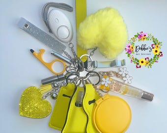 Neon Yellow Safety Defense Keychain Set-Wristlet-Heart Pom-Mirror-Bling Heart-Alarm-Light-Lip Gloss-Card Grab-Whistle-No Touch Tool & More