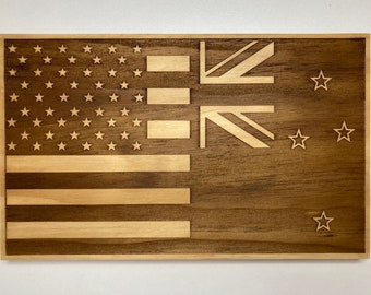 Wooden USA New Zealand Flag | American New ZealandFlag Wall Art | Rustic Dual Nation Wood Sign | Friendship