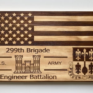 299th Brigade Engineer Battalion wooden engraved flag, US Army Engineers