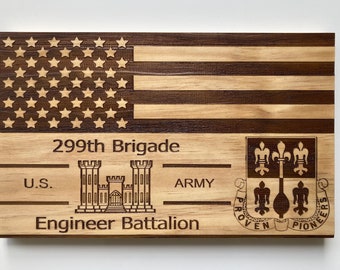 299th Brigade Engineer Battalion wooden engraved flag, US Army Engineers