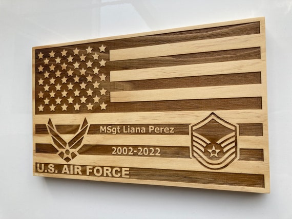 Laser Engraved Wood Air Force American Flag, Military Gift