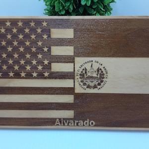 American and El Salvadorian Laser ; American and El Salvador; Wooden Flag; USA Flag half El Salvador; Half American; Wooden Sign;