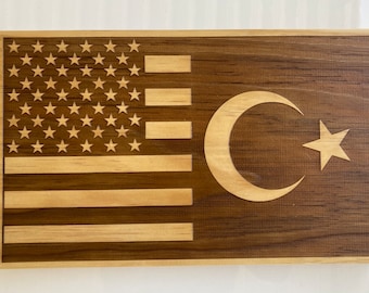 Wooden USA Turkey Flag | American Turkey Flag Wall Art | Rustic Dual Nation Wood Sign | Friendship Gift | Expat Home Decor | Citizenship