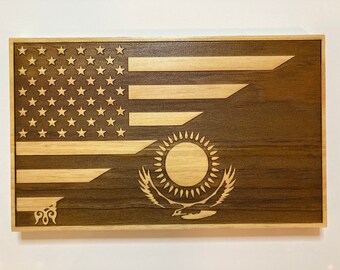 USA Kazakhstan Flag | American Kazakhstan Flag Wall Art | Rustic Dual Nation Wood Sign | Friendship Gift | Expat Home Decor | Citizenship