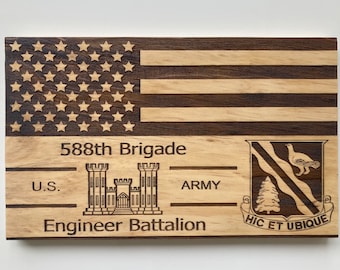 588th Brigade Engineer Battalion wooden engraved flag, US Army Engineers