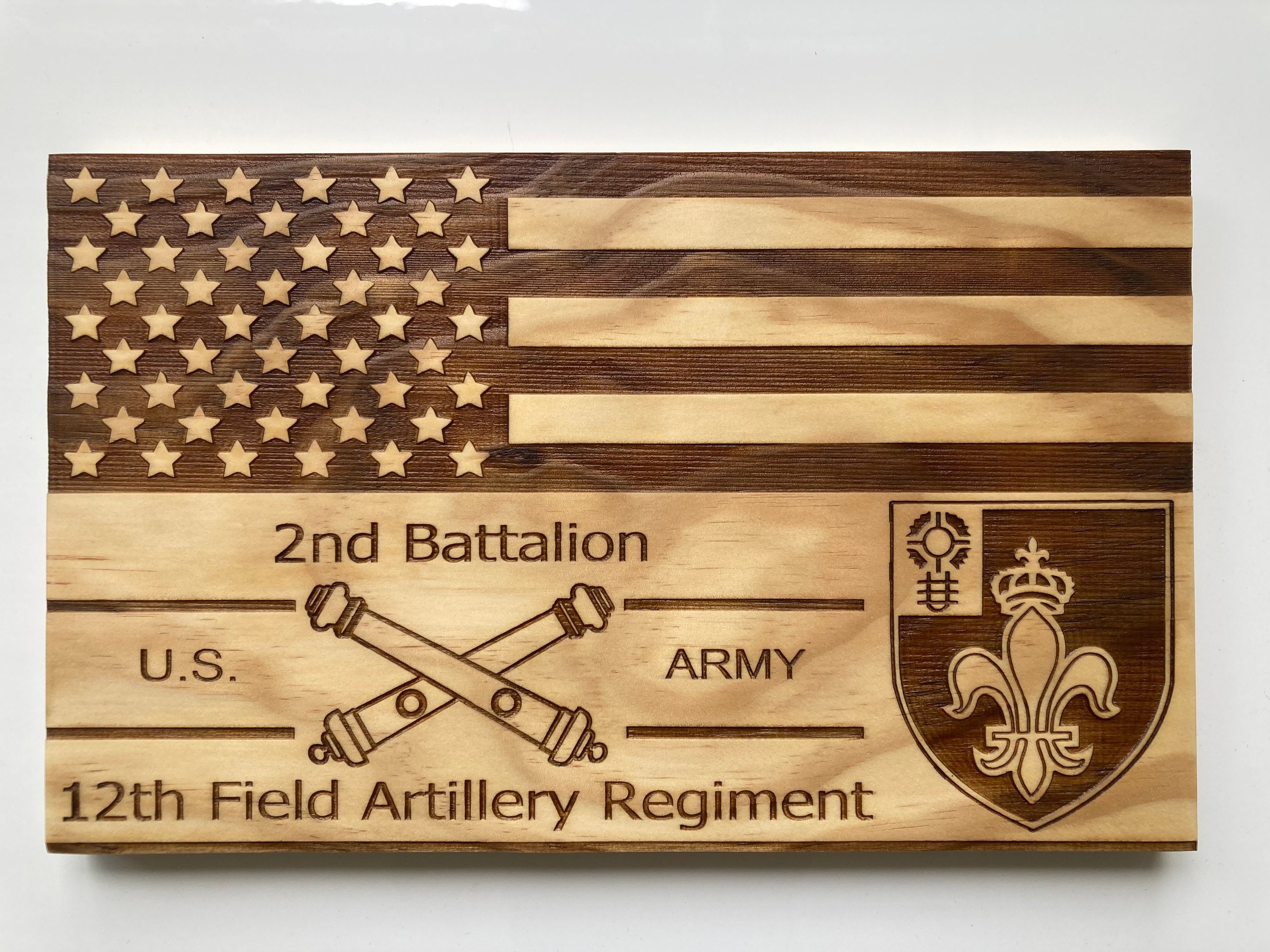 2-12 Artillery wooden engraved flag, 2nd Battalion 12th Field Artillery Regiment