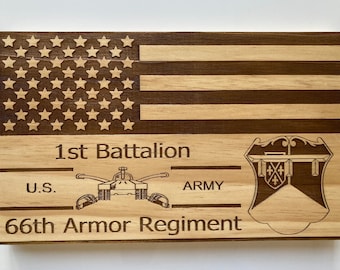 1-66 Armor Regiment Engraved Wooden Flag: US Army Wall Decor