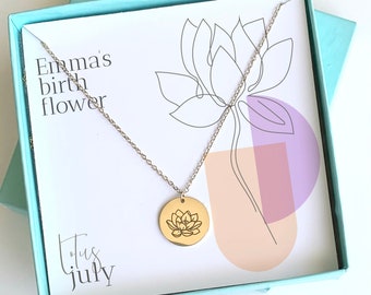 Personalised birth flower necklace / Gift for her / July birth flower lotus jewellery / Gold plated birth flower necklace for women