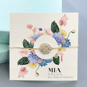 Wil jij mijn bruidsmeisjeskaart en eerste verstelbare armband / Strass Kristal / Gepersonaliseerde meid van eer, bloemmeisje voorstel cadeau