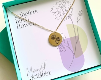 Personalised birth flower necklace / Gift for her / October birth flower marigold jewellery / Gold plated flower necklace for women