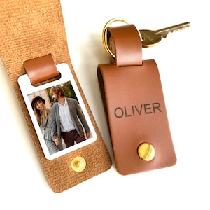 Personalised Photo Keyring with a name / Vegan Leather Keychain / Gift for her him / Birthday Christmas gift for wife husband mum grandpa