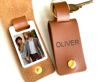 Personalised Photo Keyring with a name / Vegan Leather Keychain / Gift for her him / Birthday Christmas gift for wife husband mum grandpa