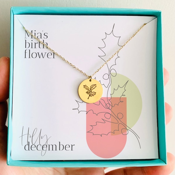 Personalised birth flower necklace / Gift for her / December birth flower holly jewellery / Gold plated necklace for women