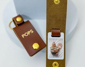 Personalised Photo Keyring Gift for Pops – PU Leather Keychain - Christmas Birthday Father’s Day