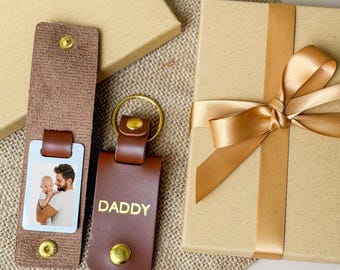 Foto Schlüsselanhänger mit GESCHENKBOX Geschenk für Papa Vatertagsgeschenk für Ihn Papa Vegan Leder Foto Schlüsselanhänger Papa Geburtstag Weihnachtsgeschenk zuerst