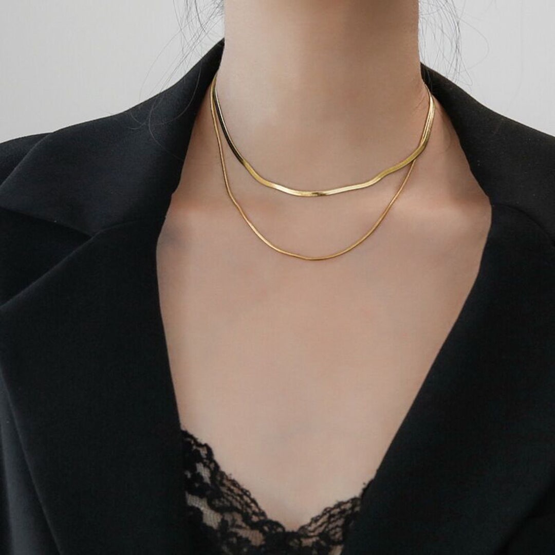 Double Herringbone Chain Choker Necklace Set,18k Gold Waterproof Snake