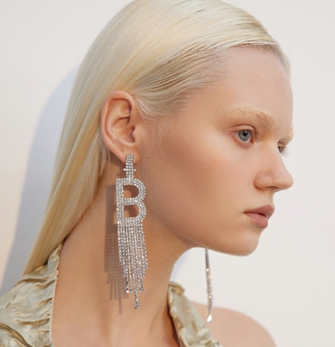 Letter Earrings,silver Initial Letter Alphabet Earrings, Rhinestone