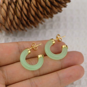 Gold Jade Hoop Earrings,Jade Earrings,Jade Stud Earrings,Green Hoop Earrings,Jade jewelry