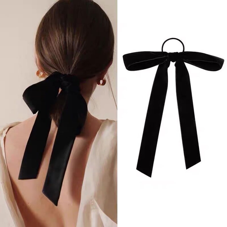 Handmade Black Long Tail Velvet Bow Hair Ribbonponytail - Etsy