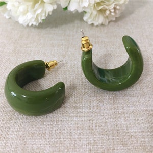 Mini Green Chunky Hoop Earrings, 925 Sterling Silver Huggie Hoops,Tortoise Shell Hoop Earrings, Acetate Resin Hoop Earrings,Tortoise Hoops